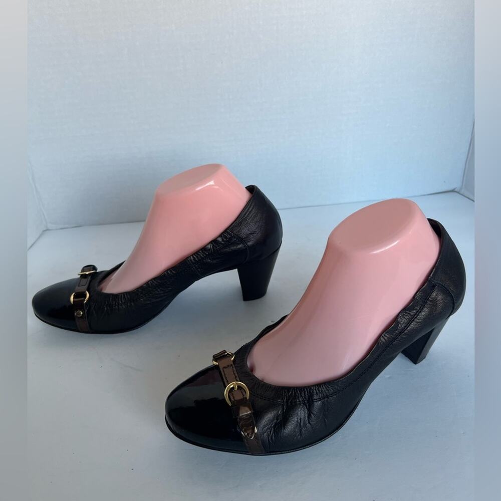 Agl Black Leather and Patent Heel Pumps with Gold Hardware